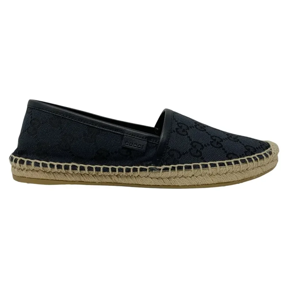 Gucci GG Supreme Monogram Canvas Espadrille Flats Black Size 37